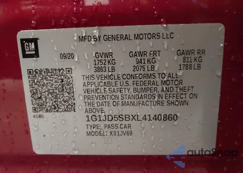 2020 Chevrolet Sonic Fwd Lt from USA, damaged, VIN 1G1JD5SBXL4140860